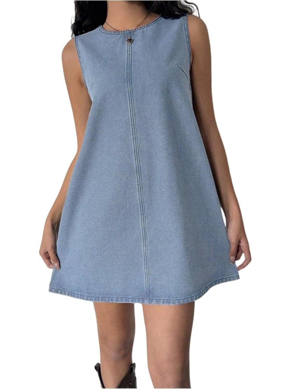 Women's Light Wash Bow Tie Back Sleeveless A-Line Short Mini Denim Dress